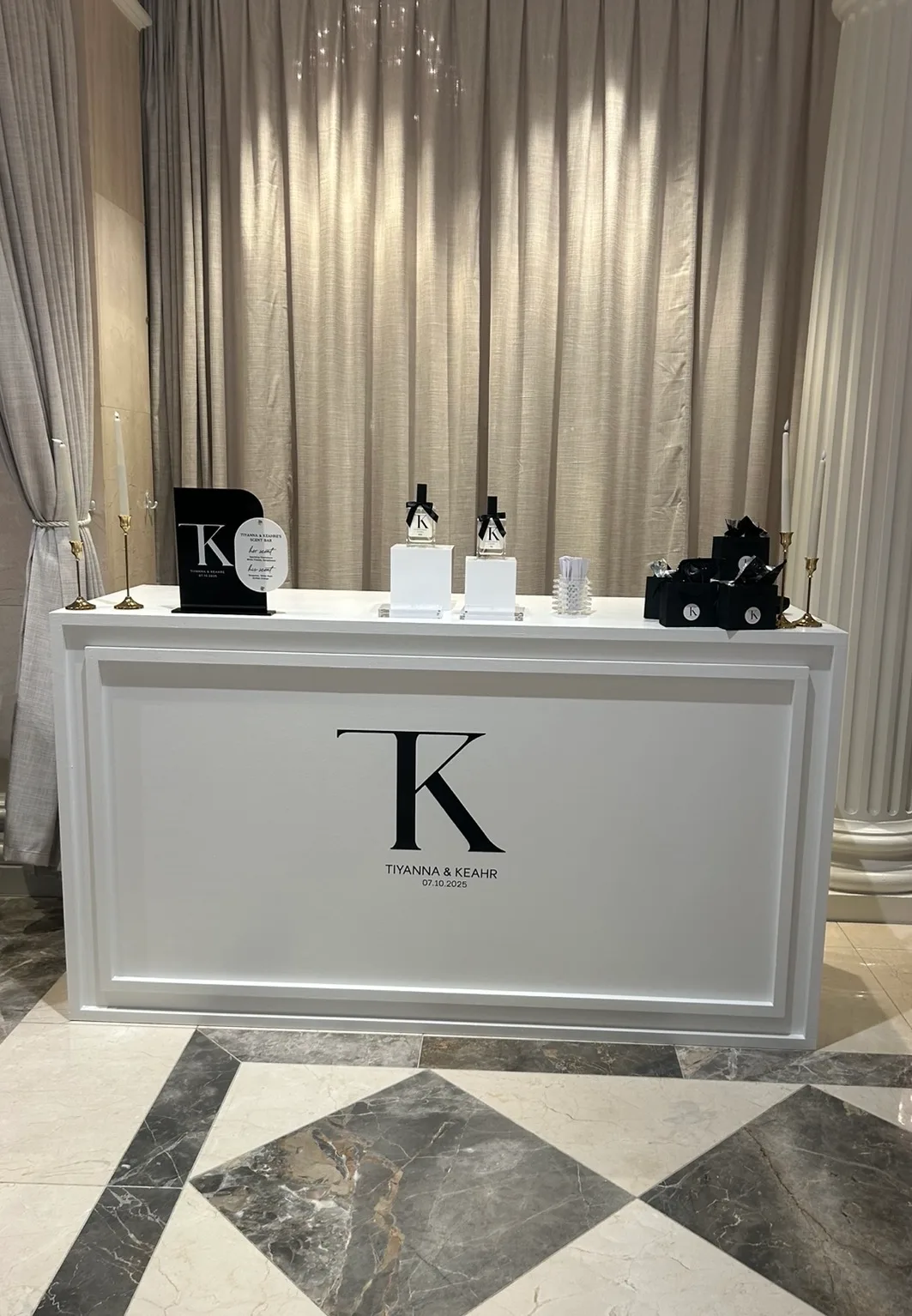 Custom monogrammed perfume bar at the Tiyanna & Keahr wedding